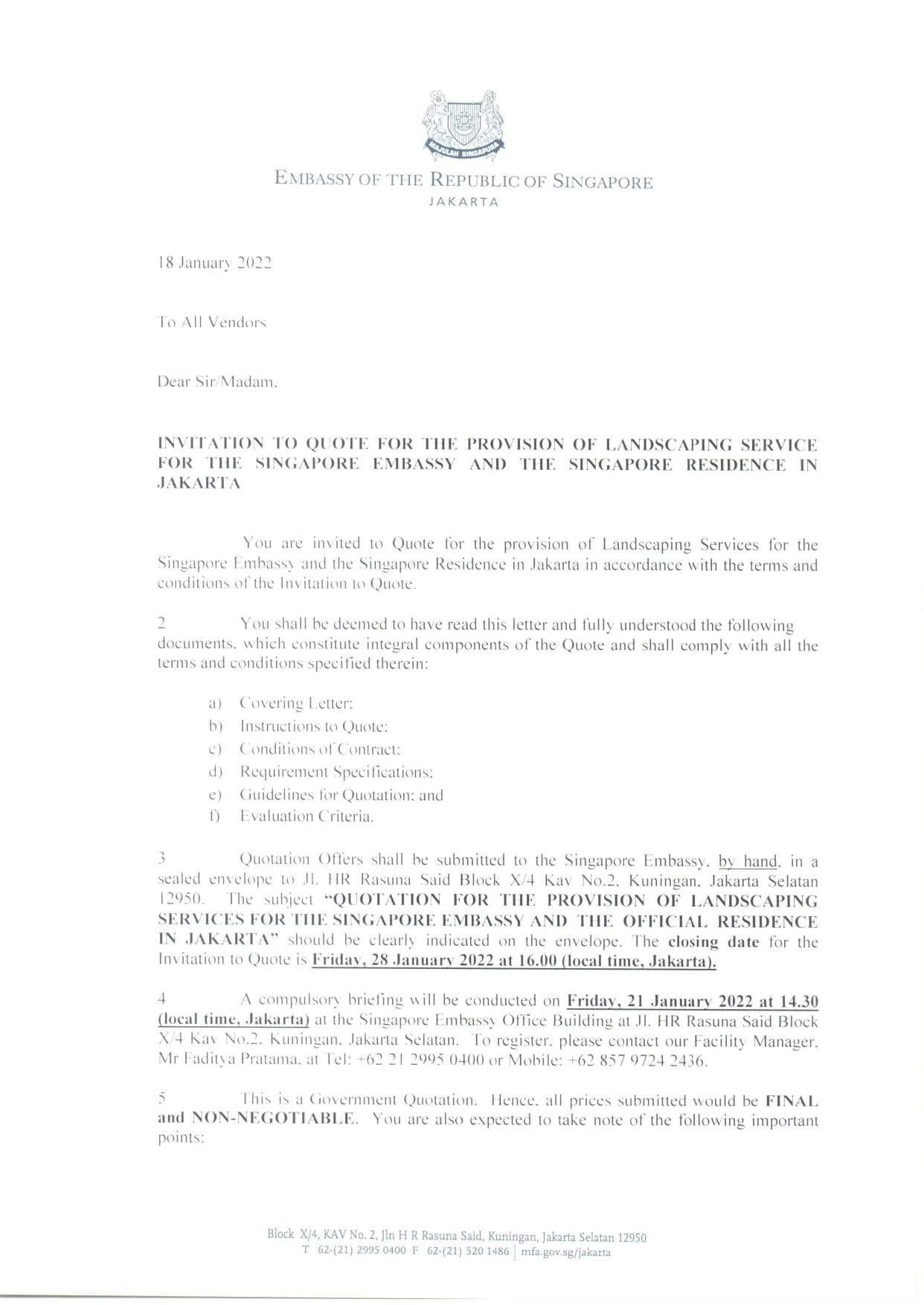 Singapore Embassy letterhead: "Invitation to Quote for Landscaping Service" dated January 18, 2022.
